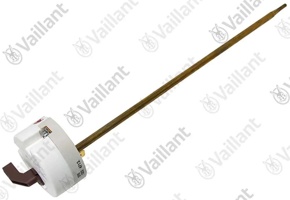 Thermostat von Vaillant mit einem langen Messstab, der zur Temperaturregelung in Heizsystemen verwendet wird. An der Seite befinden sich Anschlussklemmen.